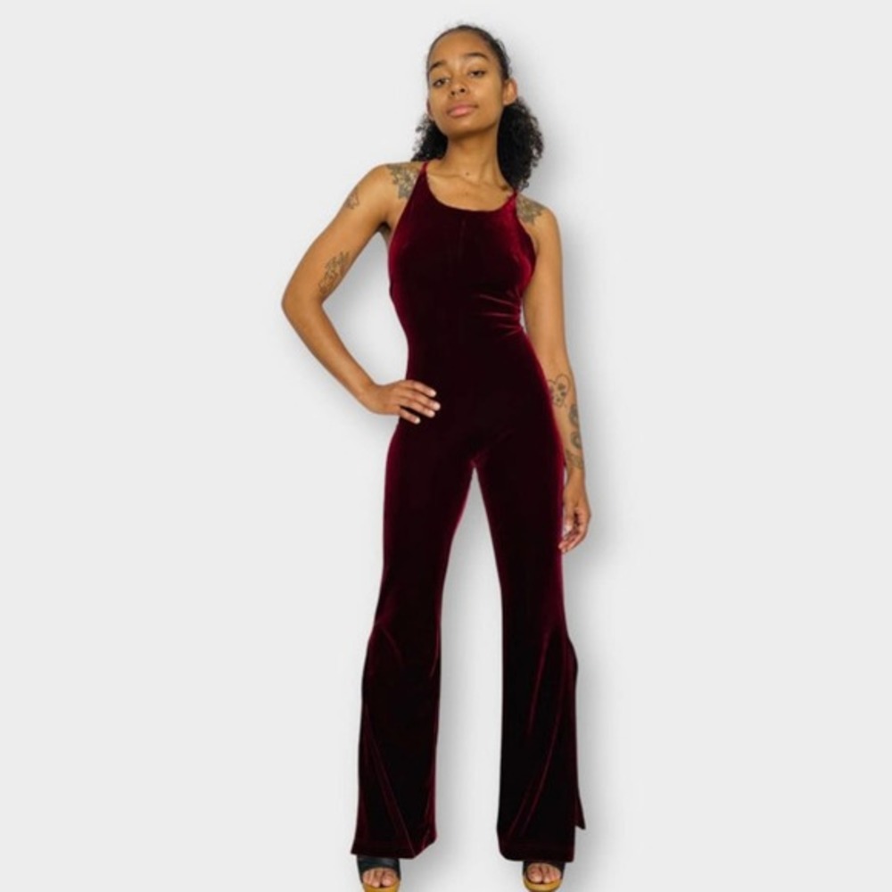 70s Mitra Modelle Burgundy Velour Bellbottom Jumpsuit - Picture 3 of 9